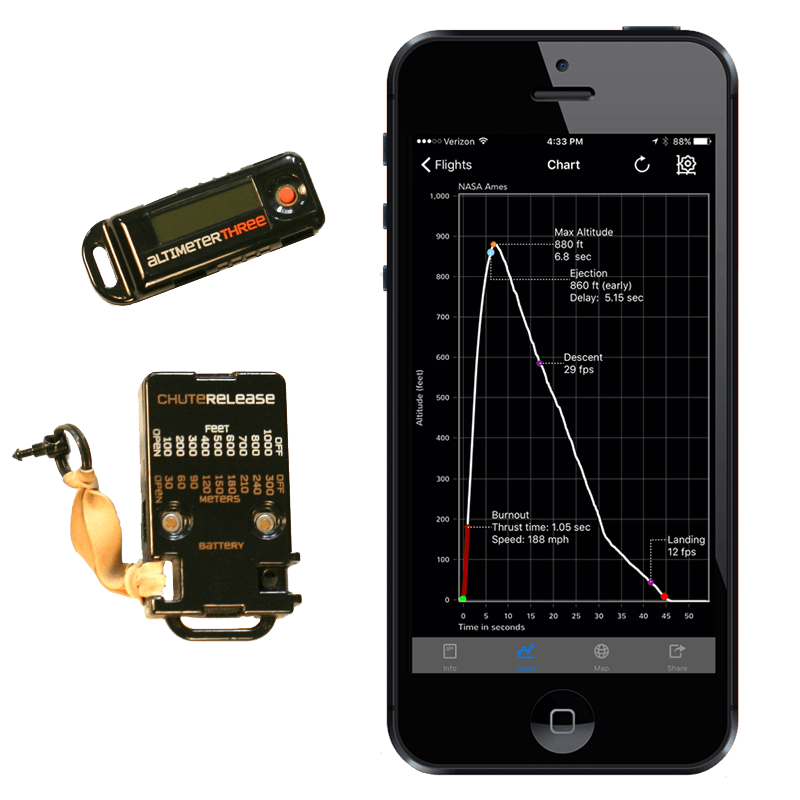 AltimeterThree shown capturing a flight with Chute Release set to 200 feet (60 meters).